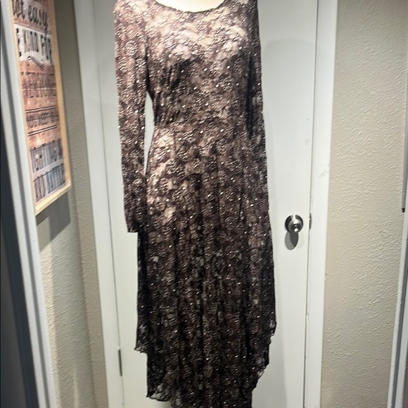 Adore Brown Tan Asymmetrical Gown with Bishop Sleeves - Picture 1 of 16
